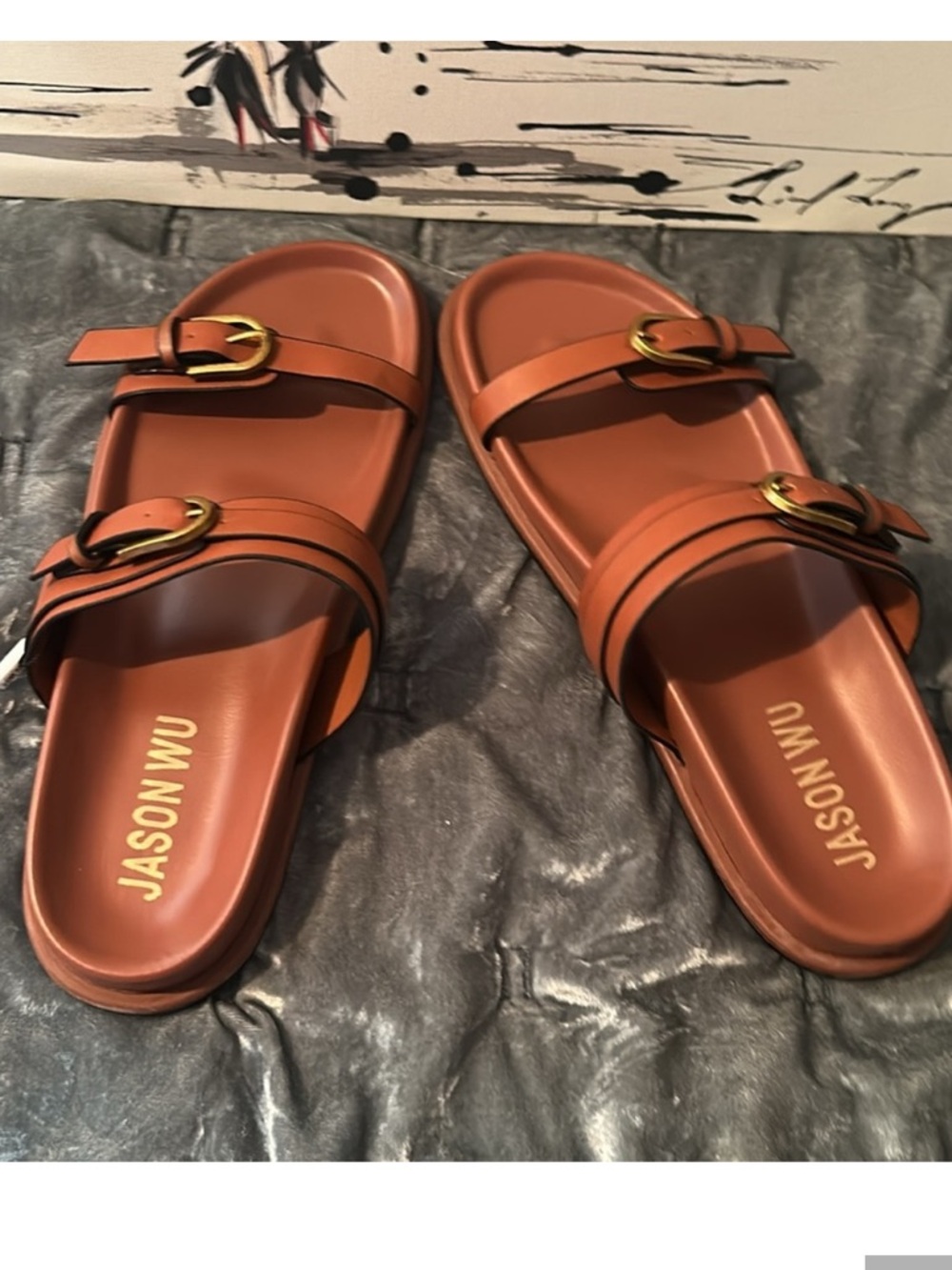 Jason WU size 6 cognac Birk style Rhonda  Sandal gold buckles excelle condition